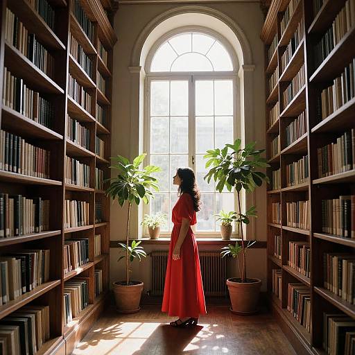 Photograph of a woman in a red dress standing in a sunlit library aisle, flanked by tall bookshelves, with two potted plants