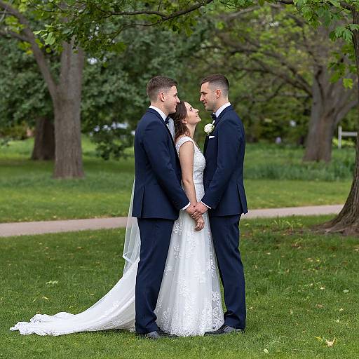 Photograph of a bride in a white lace dress and veil, and groom in a navy suit, standing on grass in a park, holding hands,