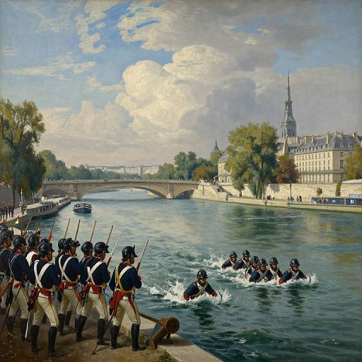 Historical painting of French soldiers in blue uniforms and black hats rowing on a river, with Parisian architecture and bridge in the background. Bright,