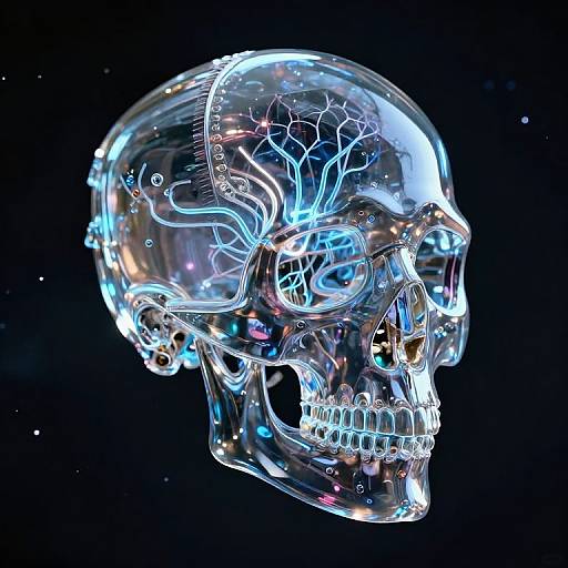 Digital CGI of a glowing, translucent human skull with neon blue and white circuitry patterns against a dark, starry background.