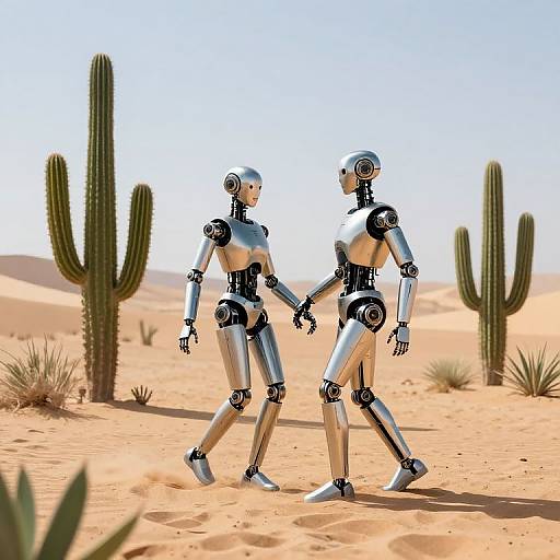 Photorealistic CGI of two metallic humanoid robots walking hand-in-hand in a sunny, desert landscape with tall cacti and sand dunes.
