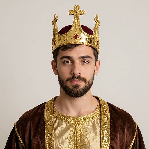 Photograph of a bearded man with olive skin and dark hair, wearing a gold and red jeweled crown and a brown velvet robe with a gold