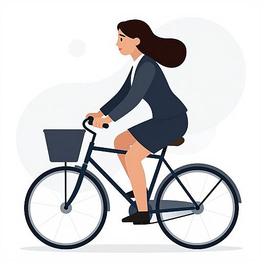Illustration of a woman with long brown hair, wearing a black suit and skirt, riding a black bicycle with a front basket, against a white background