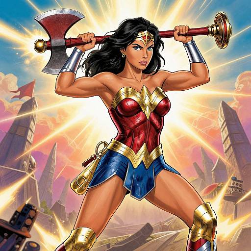 Digital illustration of Wonder Woman, muscular, tan-skinned, black-haired, in red bustier, blue skirt, gold tiara, and bracelets,