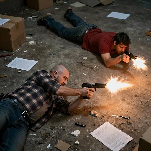 Men shooting guns on debris-covered floor