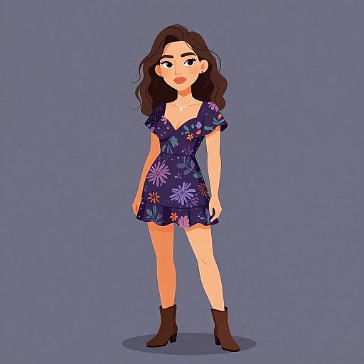 Digital illustration of a young woman with wavy brown hair, wearing a dark blue floral dress and brown ankle boots, standing against a solid purple background.