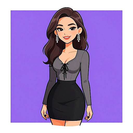 Digital anime-style drawing of a smiling woman with long brown hair, wearing a grey top, black skirt, and dangling earrings, against a purple background.