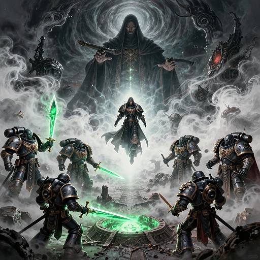 Digital fantasy artwork of armored warriors with green swords, surrounded by swirling smoke, facing a dark, hooded figure with glowing eyes.