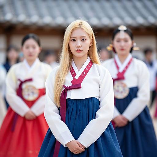 Photograph of three young Korean women in traditional hanbok, with long blonde and black hair, white shirts, red and navy skirts, standing in