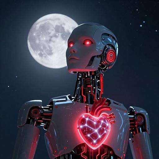 Melancholic Robot Under Crimson Moonlight