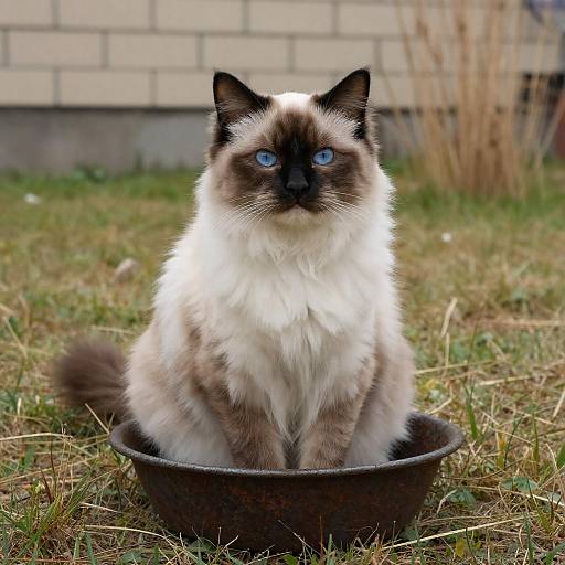 Fluffy Cat on Rusty Bowl in Yard