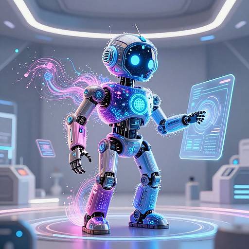 Digital CGI of a glowing, futuristic robot with blue and purple neon lights, holding a holographic screen, standing on a circular illuminated platform in a sleek