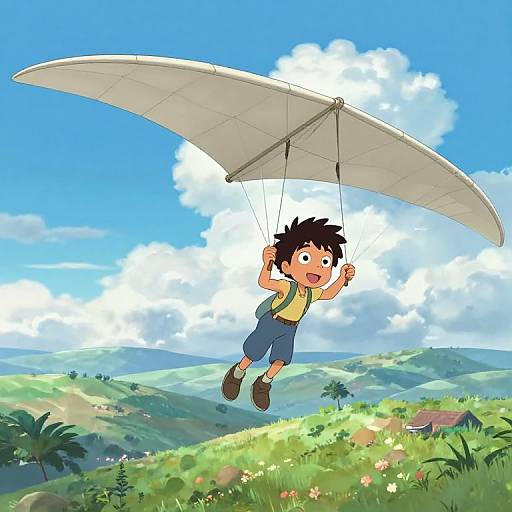 Digital anime-style drawing of a black-haired boy with wide eyes, wearing a yellow shirt and blue shorts, parachuting over a vibrant, green, h