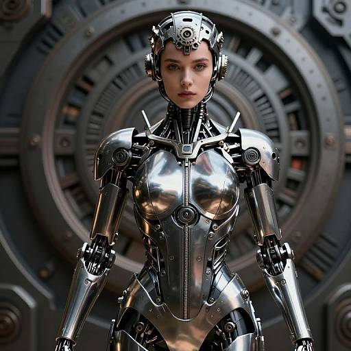 CGI image of a metallic, futuristic female android with shiny silver armor, robotic headgear, and a stern expression, set against a large, intricate