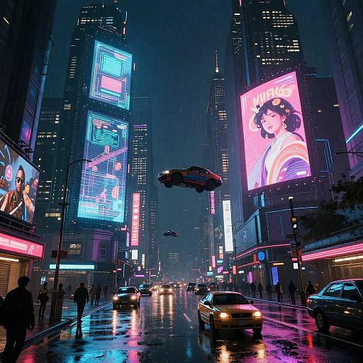 Neon-lit, rainy urban street at night with glowing billboards, flying taxis, and blurred pedestrians; vibrant colors, futuristic cityscape.