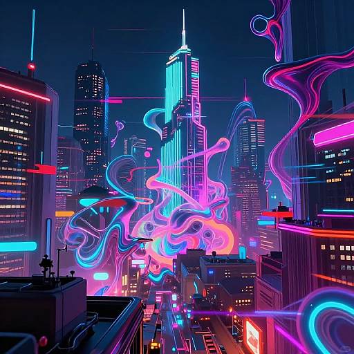 Neon-lit, futuristic cityscape photograph featuring vibrant pink, blue, and purple light trails swirling around towering skyscrapers at night.