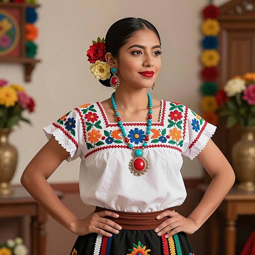 Woman in Traditional Mexican Embroidered Attire