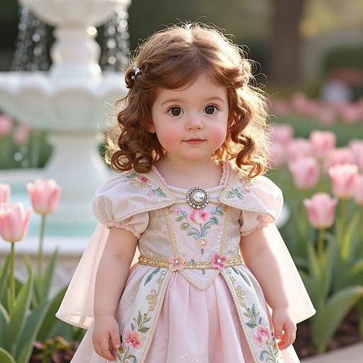 Photograph of a curly-haired, fair-skinned toddler girl in a pink, floral dress with a brooch, standing in a sunlit garden with