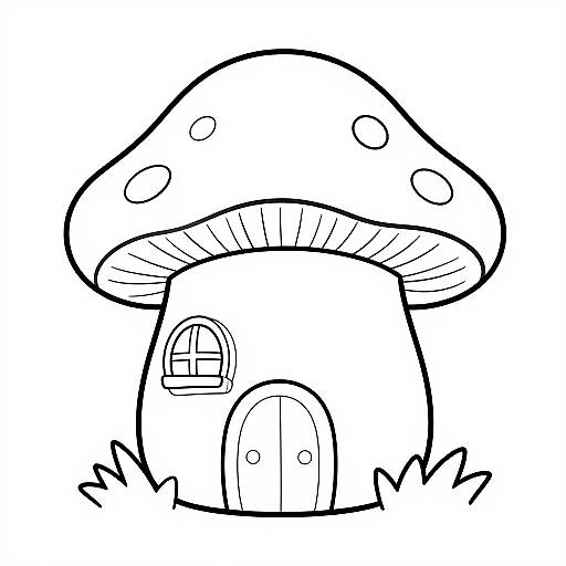 Black-and-white line drawing of a whimsical mushroom house with a large, rounded cap, small window, arched door, and simple, playful details
