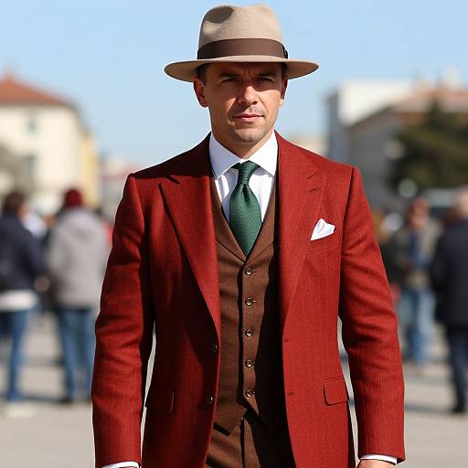 Photograph of a man in a red three-piece suit, white shirt, green tie, and beige fedora, standing outdoors with a blurred crowd background