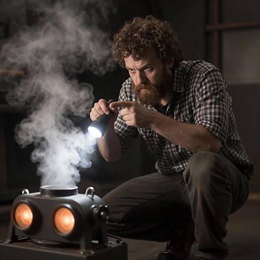 Crouching Bearded Man with Flashlight