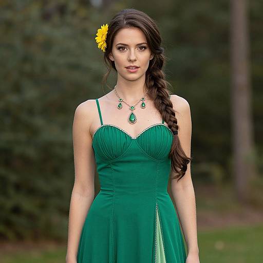 Photograph of a young woman with long, wavy brown hair, adorned with a yellow flower, wearing a strapless, green, corset-style