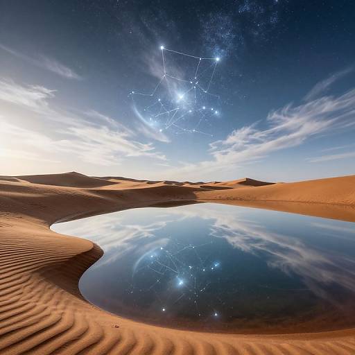 Photograph of a serene desert oasis with a reflective water puddle beneath a starry, constellation-filled night sky against a bright, cloudy horizon.