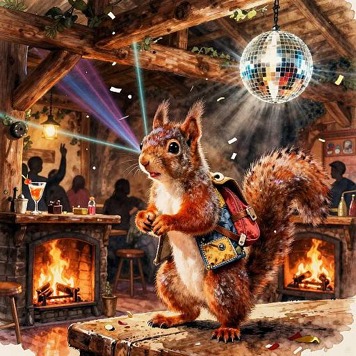 Whimsical digital painting of a cute, anthropomorphic squirrel in a festive tavern, holding a drink, wearing a red vest, under a sparkling disco