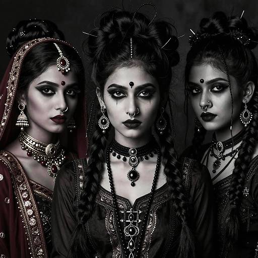 Digital art of three dark-haired, black-eyed Indian women in traditional attire, adorned with intricate jewelry, facing forward. Monochromatic, gothic style