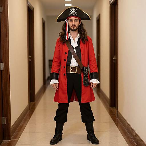 Photograph of a bearded man with long hair, wearing a pirate costume: red coat, black pants, white shirt, tricorn hat, standing