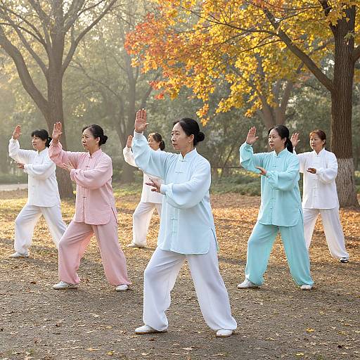 Photograph of six Asian women in traditional martial arts outfits, performing a synchronized hand-raising exercise in an autumn park.