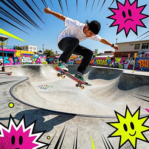 Bold Skateboarder Ollie in Urban Mural