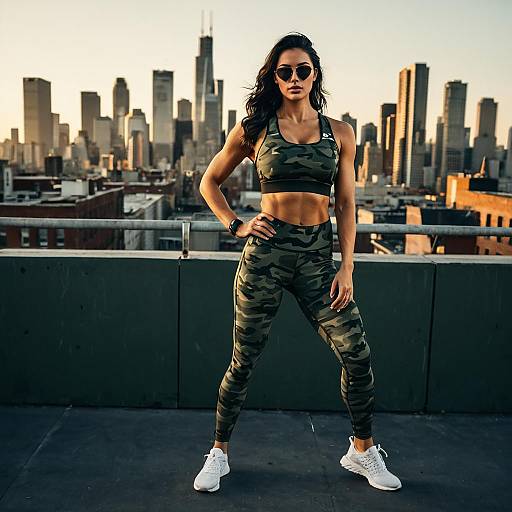 Athletic Woman in Camouflage Fitness Outfit on Rooftop