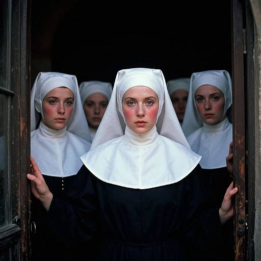 Photograph of four solemn-faced women in white nun habits, with illuminated white head coverings, standing in a dark doorway.