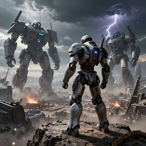 Digital artwork of a lone, blue-lit, armored mecha standing on a rocky outcrop, facing two larger, glowing mecha amidst a storm