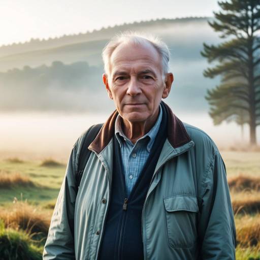 Elderly Man in Misty Rural Landscape