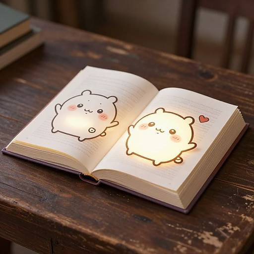 Photograph of an open book on a wooden table, featuring two cute, glowing, cartoon bear illustrations with blushing cheeks and a small heart.