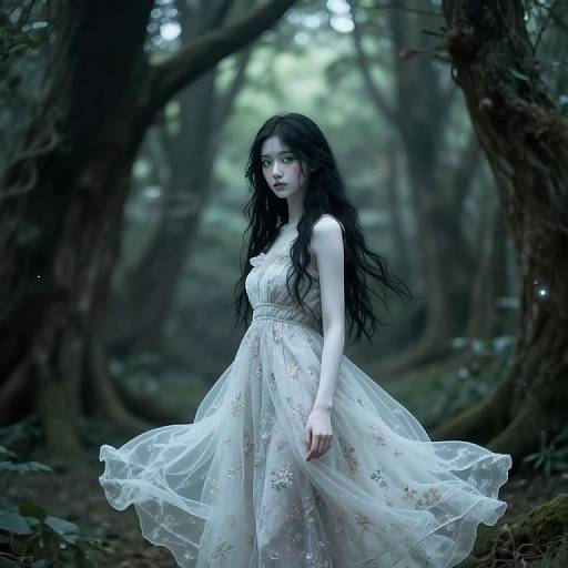Digital art: Pale, ethereal woman with long black hair in a flowing white floral dress stands in a dark, misty forest.