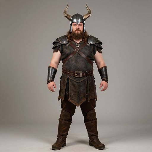 Photograph of a bearded man in Viking armor: black leather chest plate, shoulder guards, horned helmet, belt, arm bracers, and