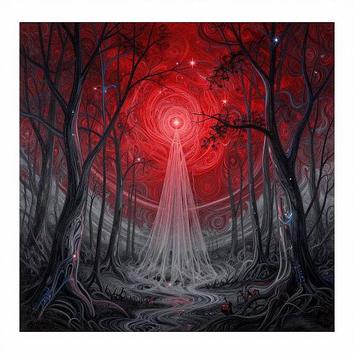 Digital art: Dark, twisted forest with black trees, red glowing orb at center, swirling red energy, and glowing blue accents.