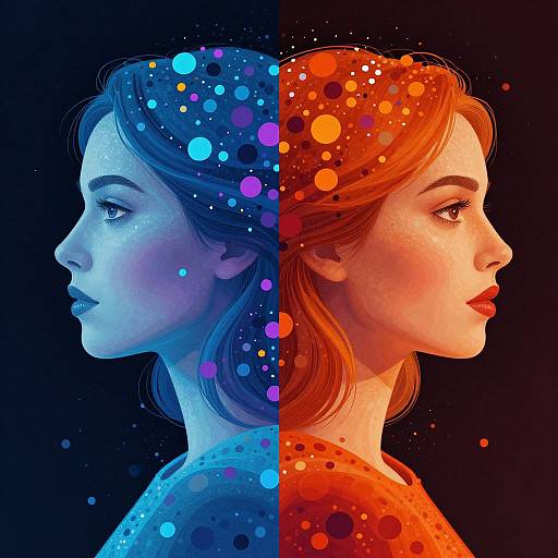 Digital art of a woman's profile, split down the middle in blue and orange hues, surrounded by colorful, glowing dots.