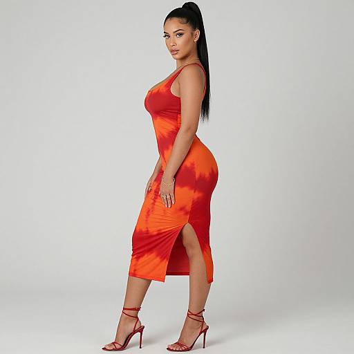 Photograph of a curvy Asian woman with long black hair in a ponytail, wearing a form-fitting, red, sleeveless, high-s