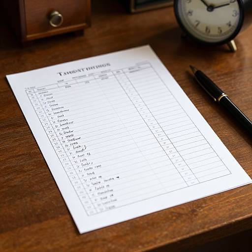 Photograph of a white to-do list on a wooden desk, with a black pen to the right and an antique alarm clock in the background.