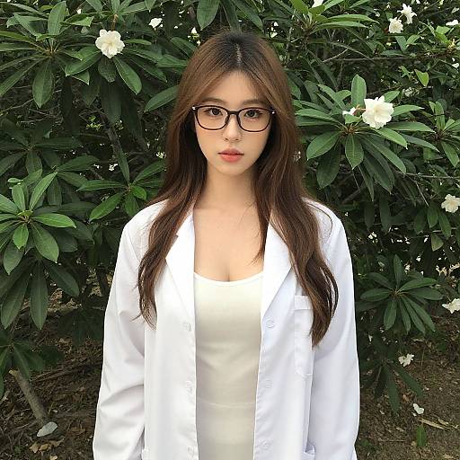 Photograph of an Asian woman with long brown hair, black-rimmed glasses, white blouse, and white cardigan, standing in front of green
