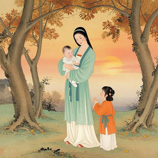 Digital artwork of an East Asian woman in a teal kimono holding a baby, with a young girl in an orange kimono bowing. Autumn trees