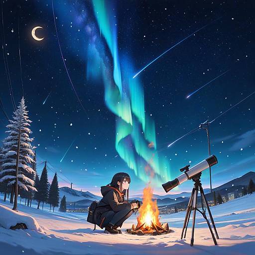 Girl Under Winter Starry Aurora