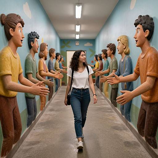 Photograph of a young woman with curly hair, white top, and blue jeans walking down a corridor with painted figures on both sides.