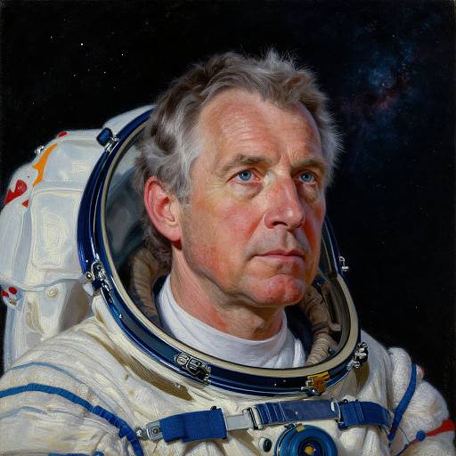 Photorealistic portrait of an older white man in a white spacesuit with helmet, blue straps, and reflective visor, against a dark cosmic background