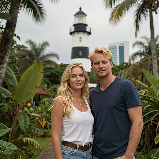 Photograph of a blonde woman in a white tank top and blue jeans, and a blonde man in a navy t-shirt, standing in front of a