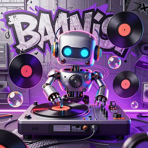 Neon-lit, cyberpunk-style digital art of a robotic DJ with glowing blue eyes, spinning records, surrounded by floating vinyls and 